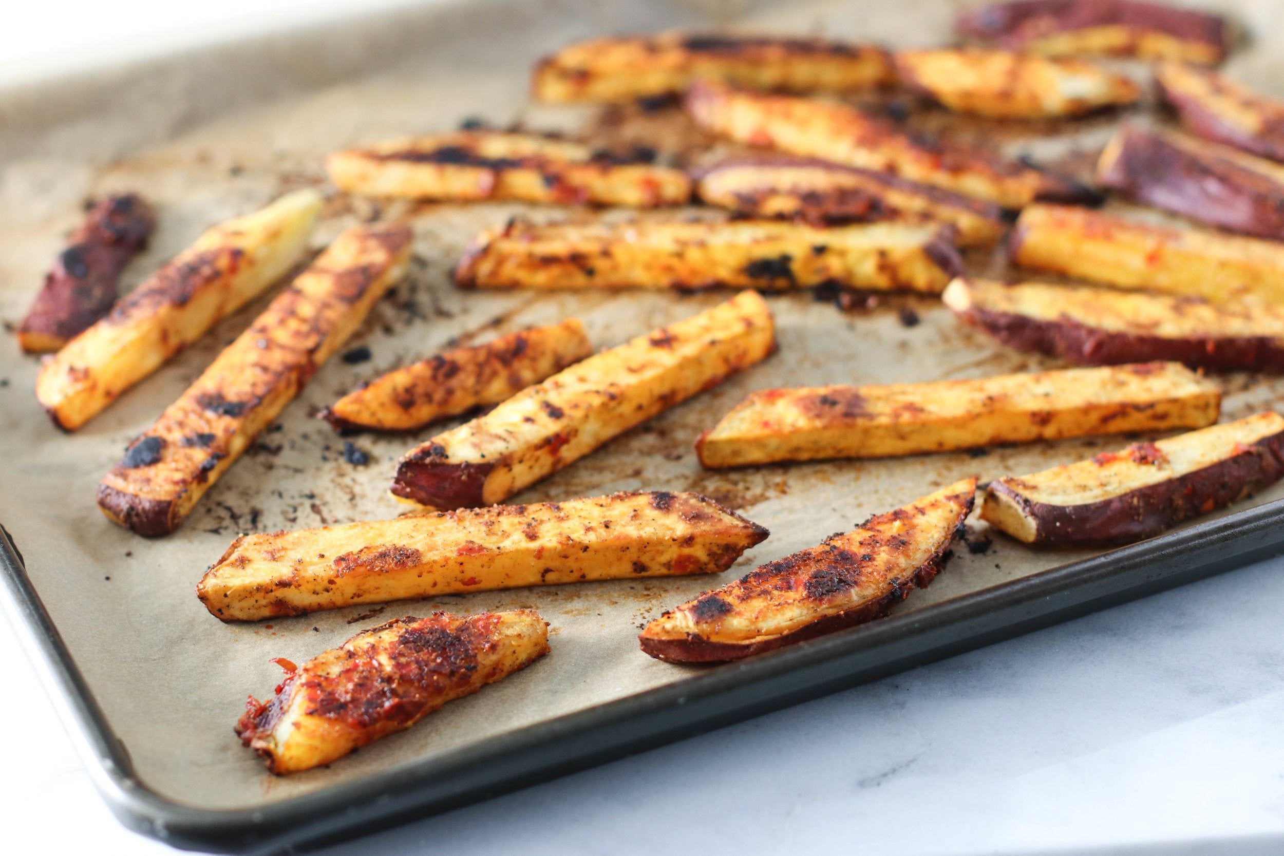 Harissa Roasted White Sweet Potato Fries