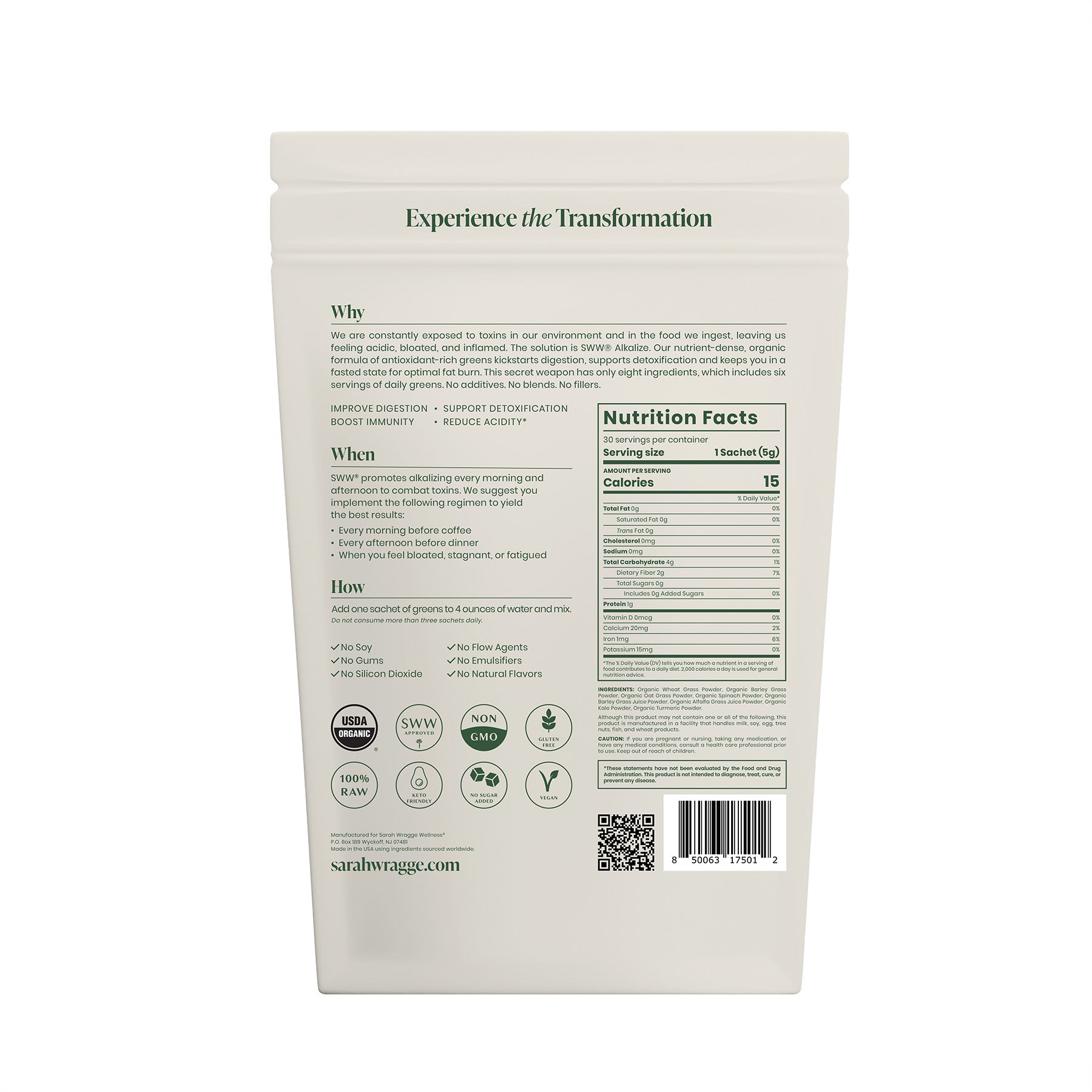 SWW® Alkalize - Detoxifying Greens Powder Back of Packaging