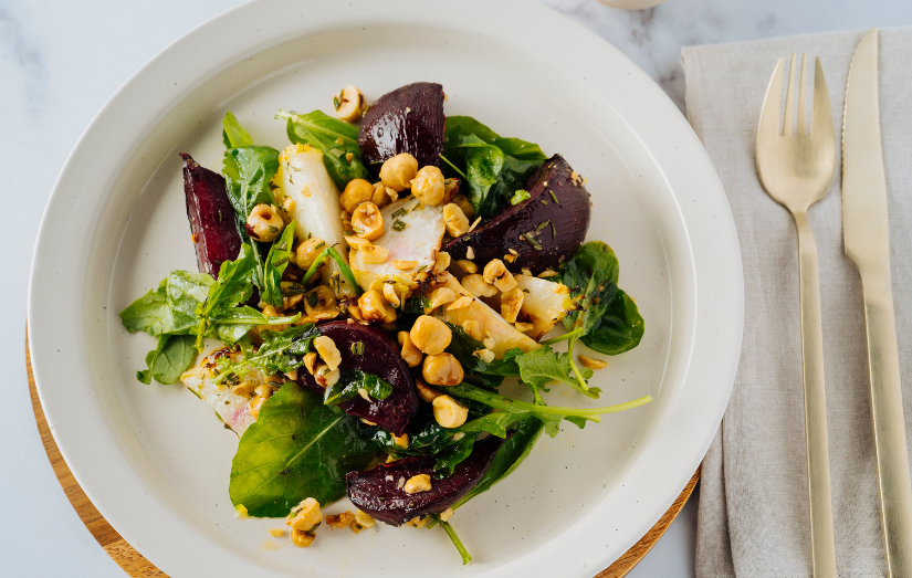 Warm Roasted Beet Salad with Hazlenut Rosemary Dressing