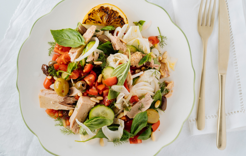 Mediterranean Chopped Tuna Salad with Charred Lemony Dressing