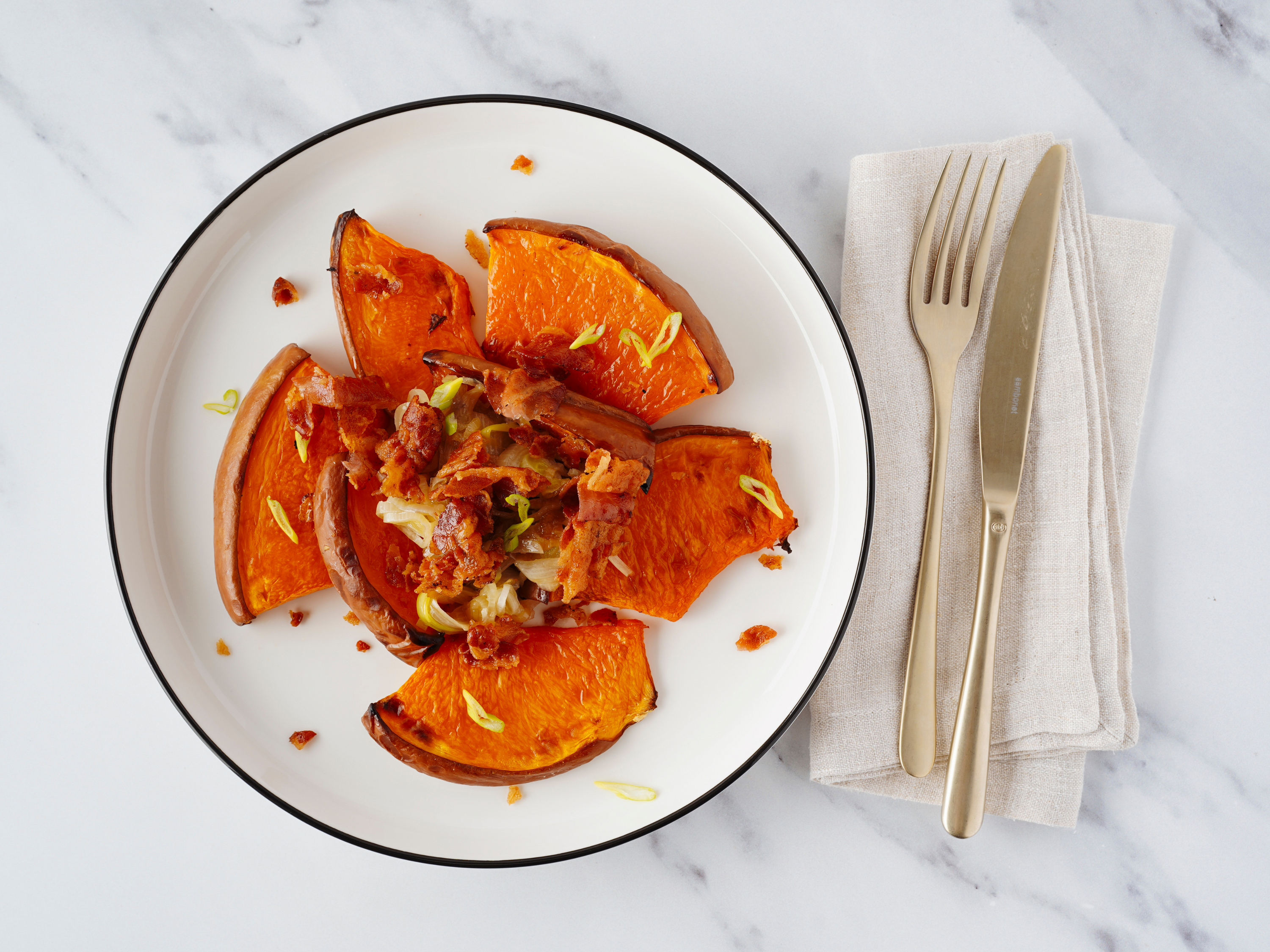 Roasted Pumpkin With Crispy Bacon & Cinnamon Caramelized Onions