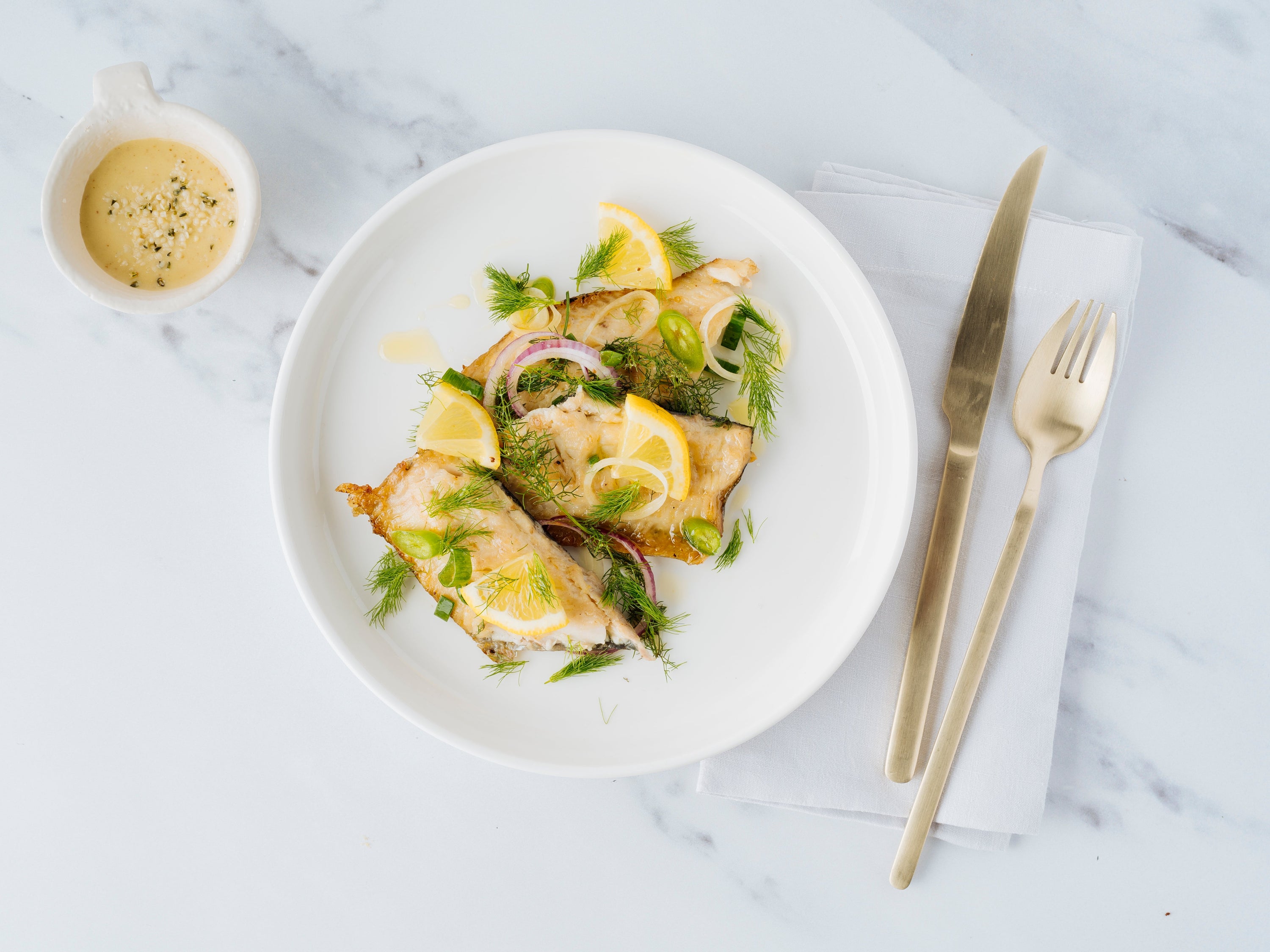 Baked Rainbow Trout with Whipped Lemon and Hemp Heart Cream
