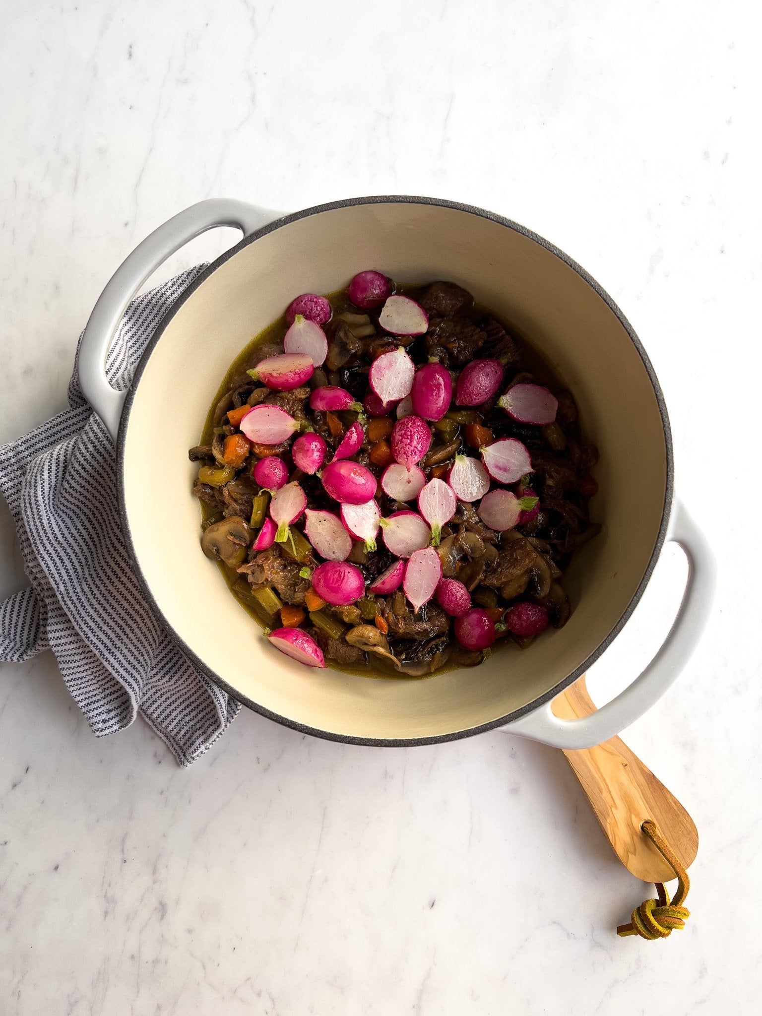 Beef Stew with Roasted Mushrooms and Radishes