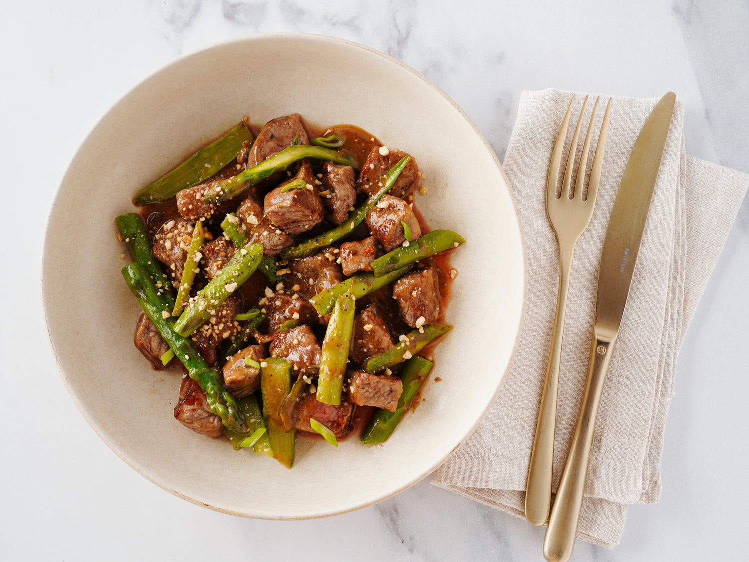 One Skillet Steak Bites with Asparagus and Marsala