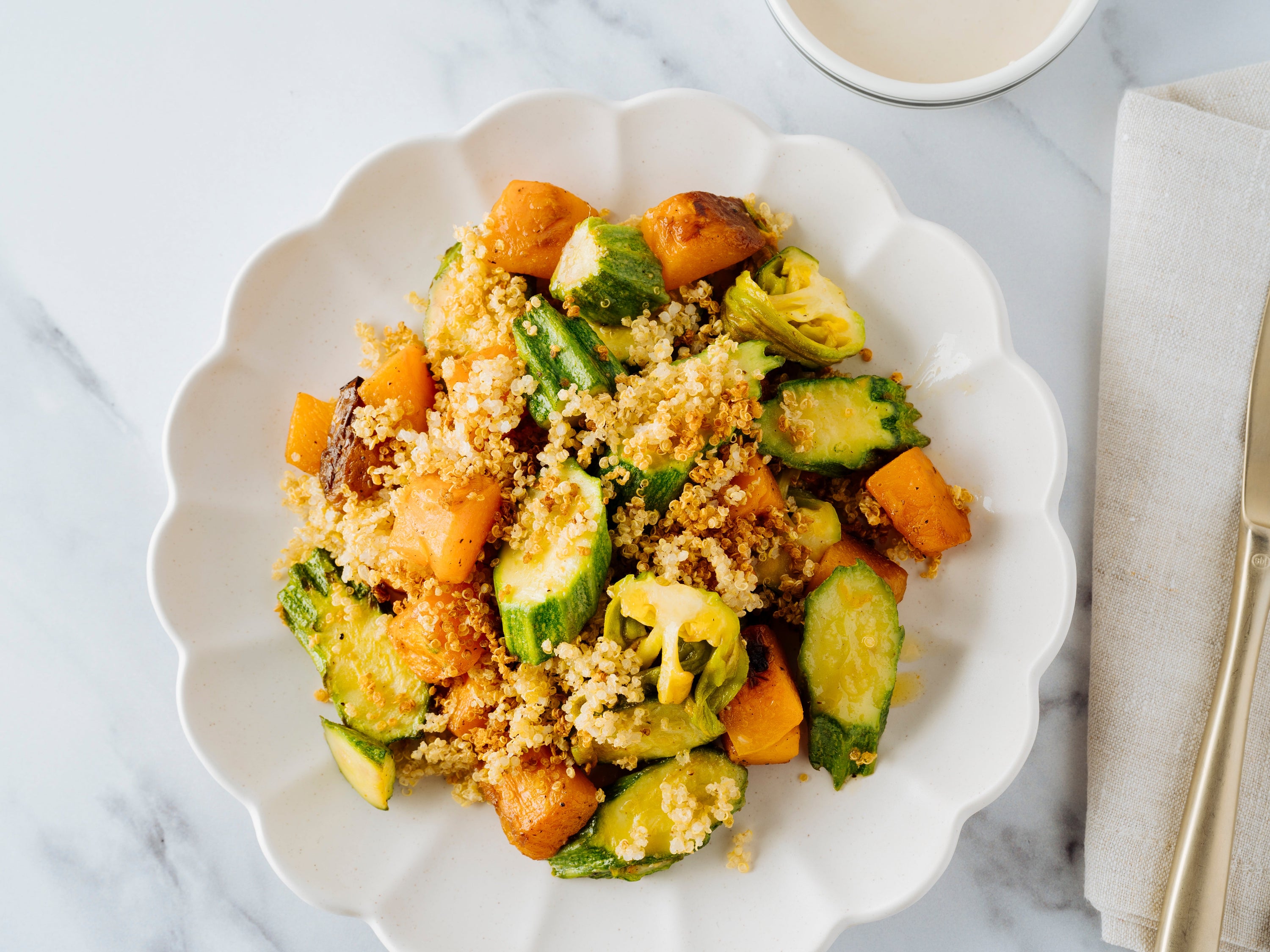 Roasted Mixed Squash with Quinoa Bread Crumbs and Tahini Basil Sauce