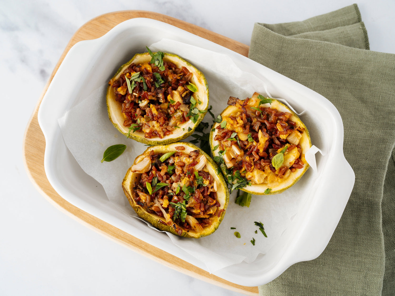 Stuffed Round Heirloom Zucchini with Red Rice and Mortadella
