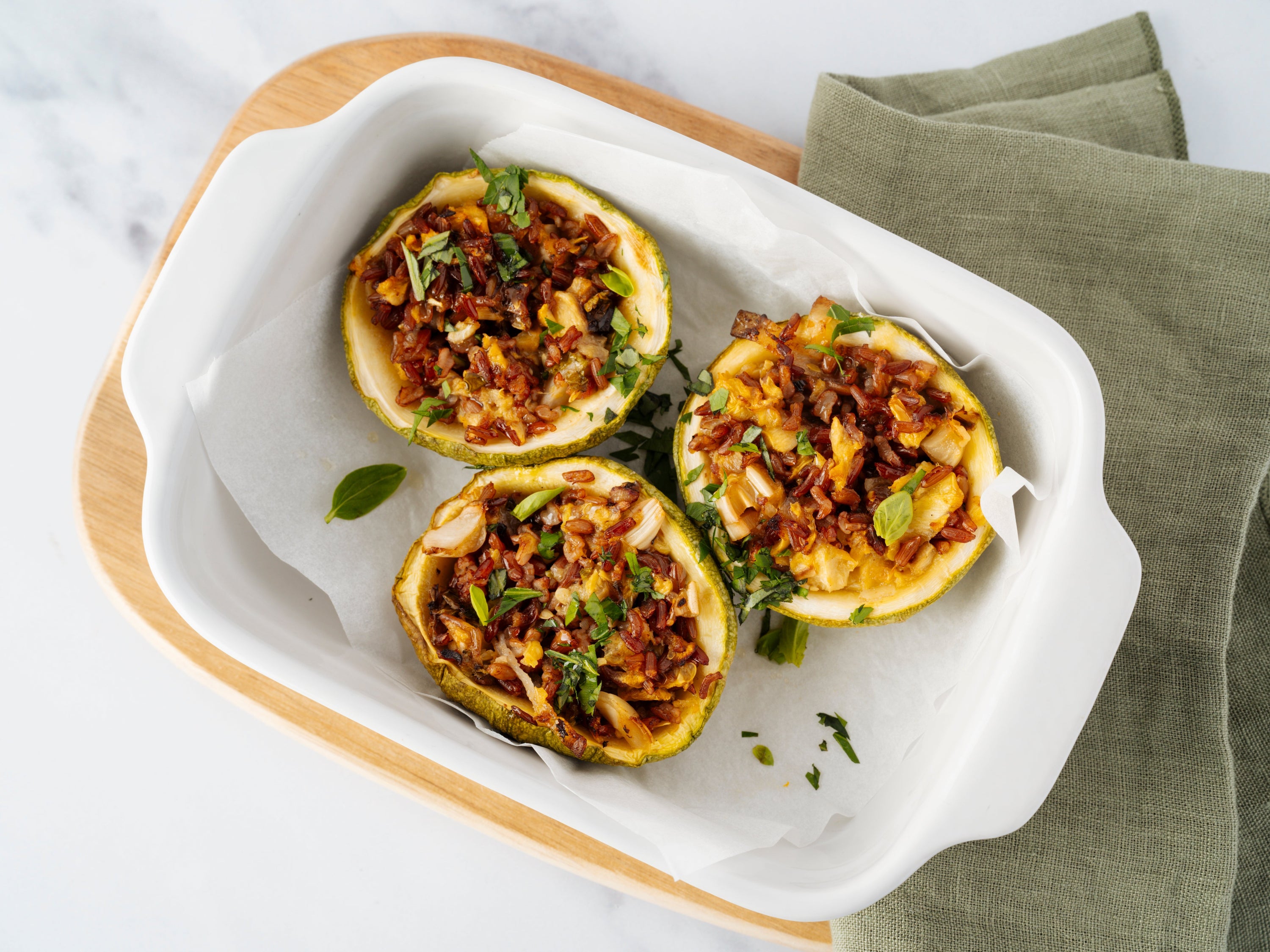 Stuffed Round Heirloom Zucchini with Red Rice and Mortadella