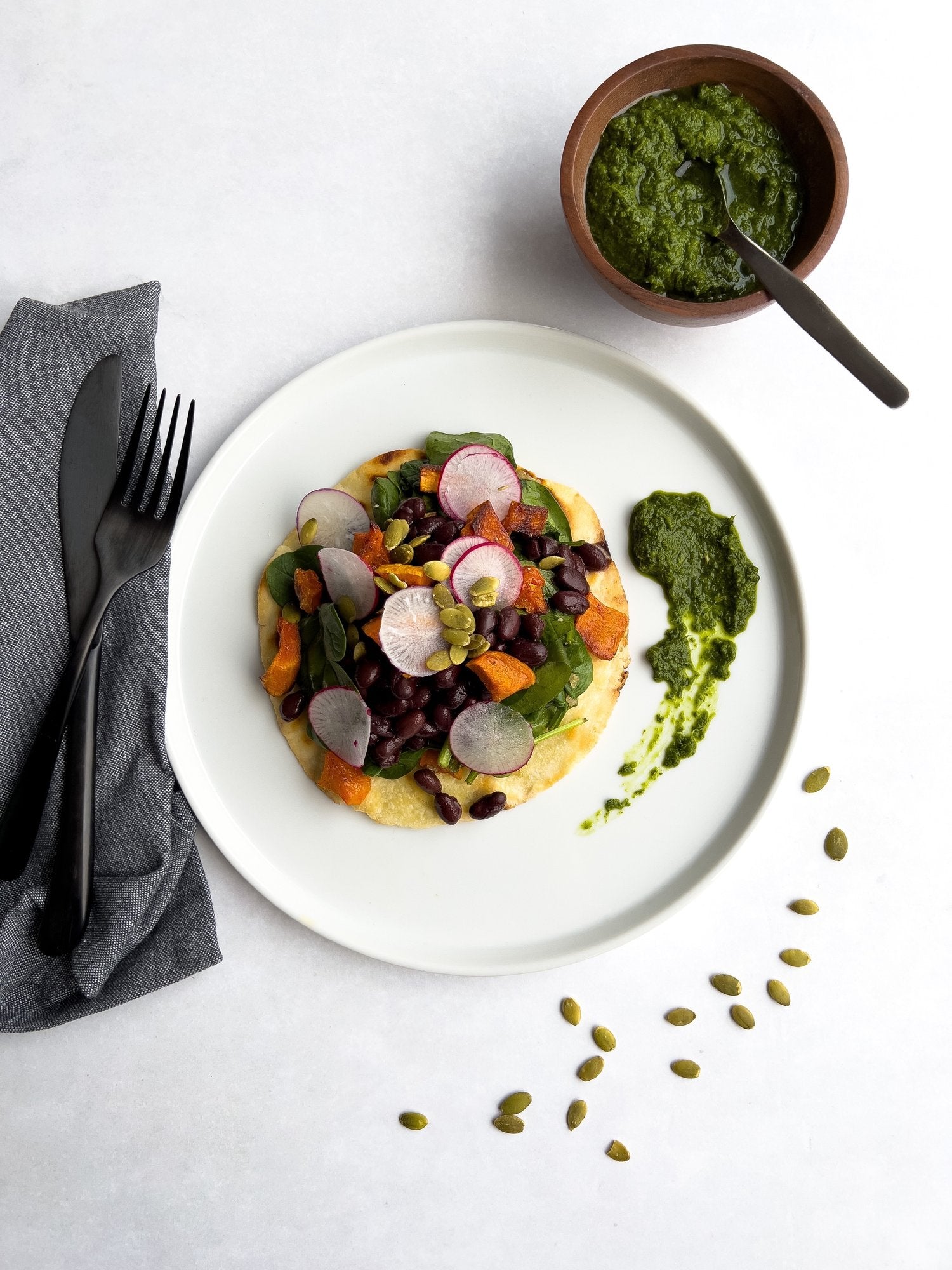 Tostadas with Roasted Butternut Squash, Spinach, and Black Beans